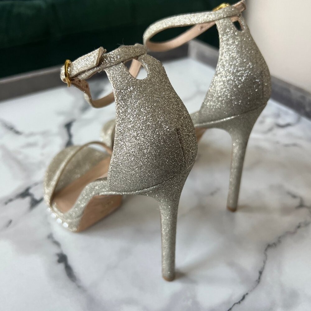 Stuart Weitzman Nudist Disco Pearl Gold Glitter Heels - Picture 7 of 9